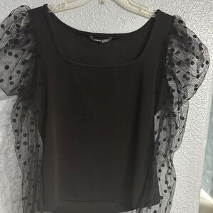 Shein Black Polka Dot Mesh Sleeve Top
